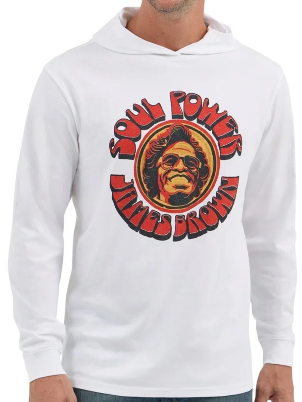 Jim’s Brown Soul Power Hoodie White Graphic Pullover XL Retro Funk Festival